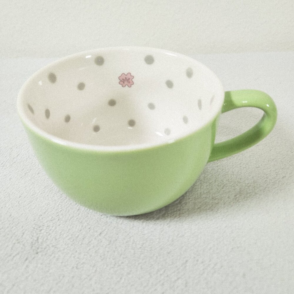 Starbucks 2005 Coffee Tea Mug Cup Green Polka Dot Pink Flower Whimsical Vintage